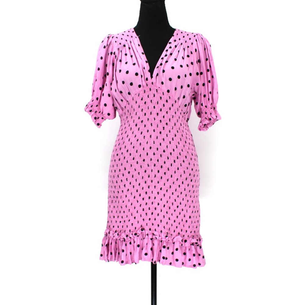 Faithful The Brand Margherita Pink Black Polka Dot Smocked Mini Dress 4 Pleated